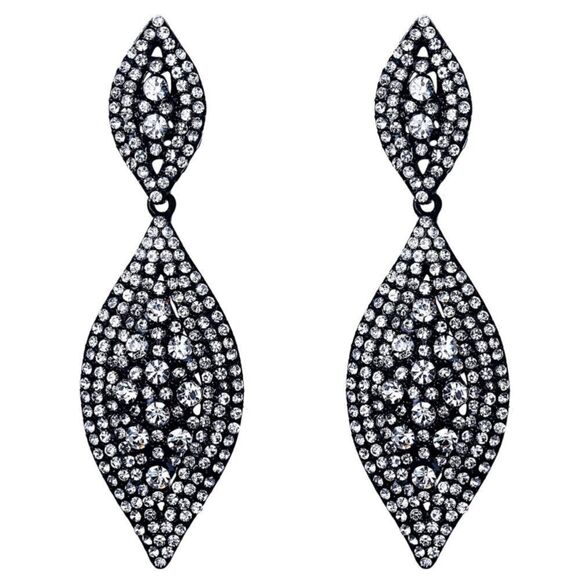 Carbon Black with White Diamond Crystal Double Leaf Chandelier Post Earrings - Picture 1 of 5